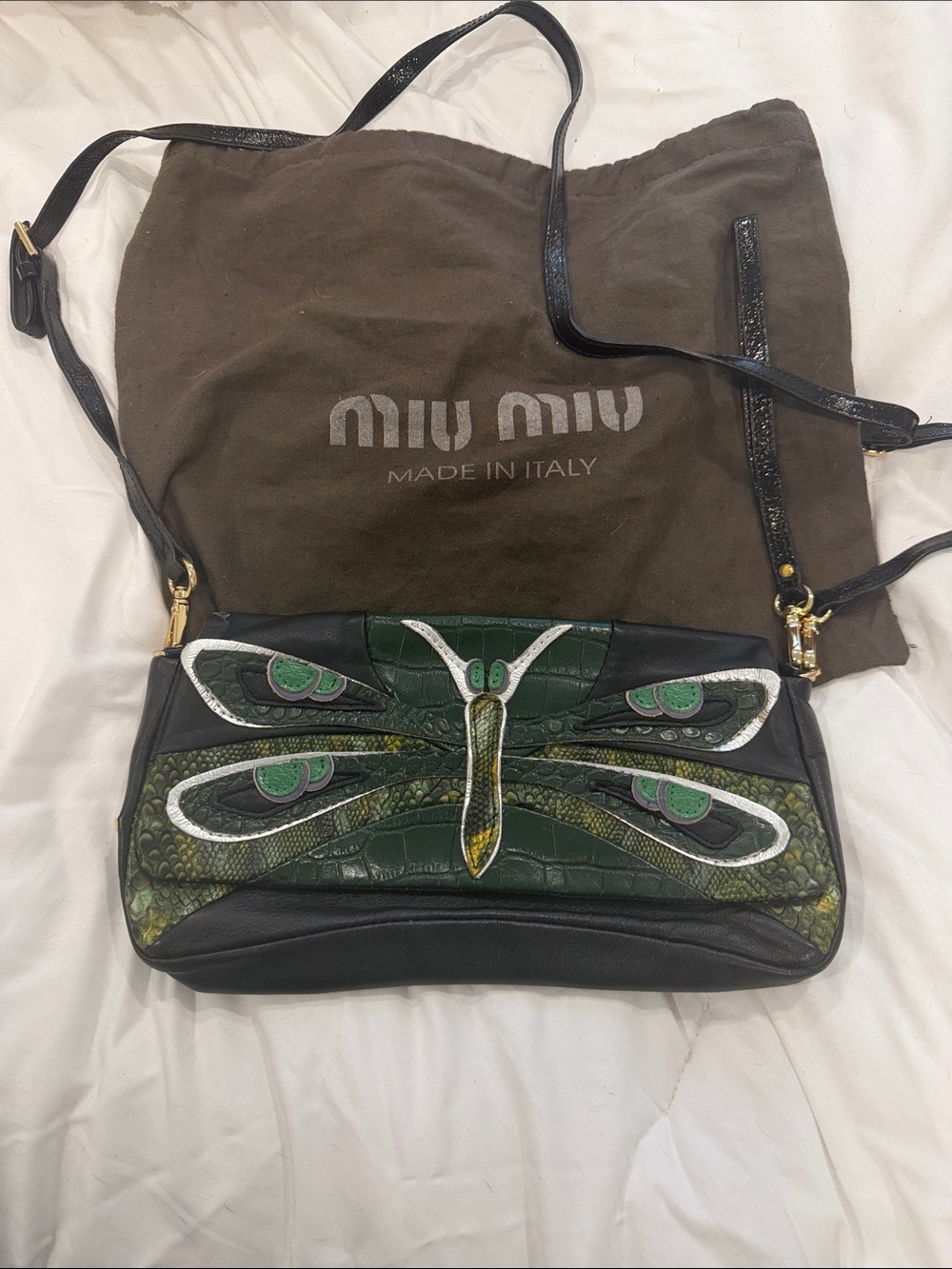 Miu Miu Green and Black Dragonfly Appliqué Leather Crossbody/Clutch